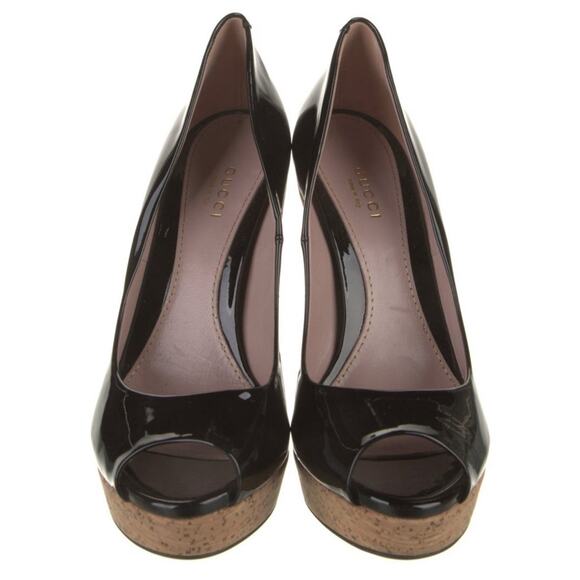 NEW GUCCI Black Patent Leather Cork Platform Stiletto Peep Toe Pumps Sz IT 38 8 - Picture 3 of 6